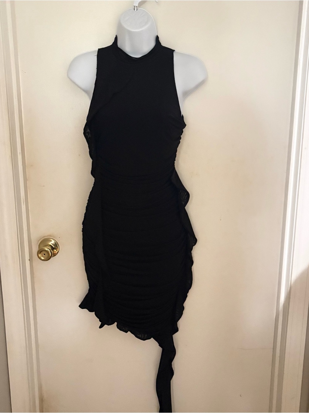 Forever 21 Black Asymmetrical Ruched Bodycon Dress acccented with flowy ribbon
